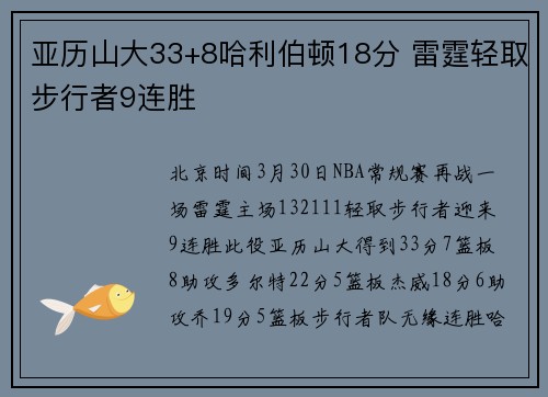 亚历山大33+8哈利伯顿18分 雷霆轻取步行者9连胜