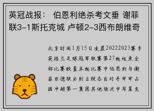 英冠战报： 伯恩利绝杀考文垂 谢菲联3-1斯托克城 卢顿2-3西布朗维奇